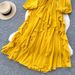 Women's French Style Resort Square Neck Puff Sleeve Dress Summer Yellow Ruffles Fitted Waist Full Skirt_ecoleips.com