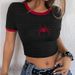 American Style Women's Pullover Crop Top Unique Spider Embroidery Ribbed Texture Color Block Slim Fit Midriff Baring Top_ecoleips.com