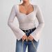 Voya Ladies' Elegant Style T-shirt With Square Collar And Flared Sleeves For Spring And Summer, Slim Fit Long Sleeved Top For Ladies_ecoleips.com