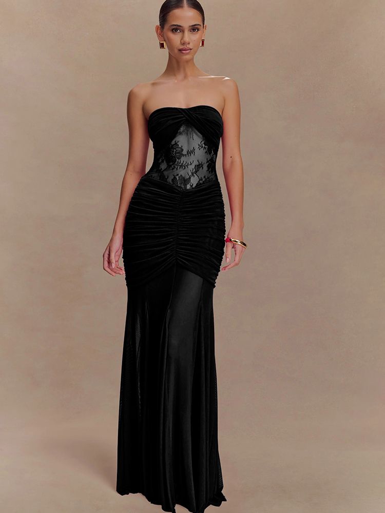 JULISSA MO Sexy Strapless See Through Lace Women Maxi Dress Green Backless Ruched Dress Summer Slim Elegant Party Evening Dress_ecoleips.com