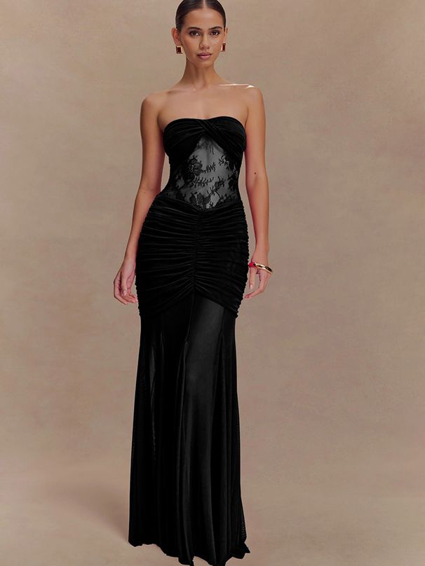 JULISSA MO Sexy Strapless See Through Lace Women Maxi Dress Green Backless Ruched Dress Summer Slim Elegant Party Evening Dress_ecoleips.com