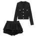 V-Neck Knit Set – Slim Fit Long Sleeve Top & Tiered Ruffle Skirt (White/Black) – Balletcore Outfit S To Xl_ecoleips.com