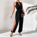 Women's Clothing Solid Color V Neck Halter Elastic Waist Belt Slit Leg Fashionable Casual Jumpsuit_ecoleips.com