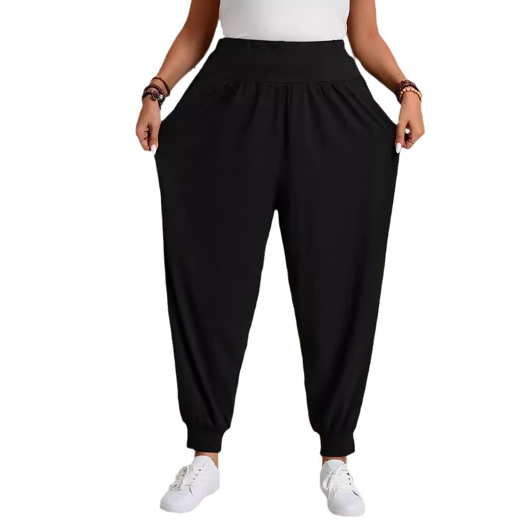 Women's plus Size Harem Pants Casual Style Elastic Waistband with Pockets Solid Color Comfortable Fit for Summer_ecoleips.com