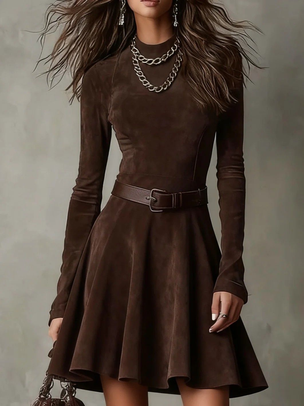 Autumn Fashion: Elegant And Sophisticated, A Solid-Color Long-Sleeved Dress With A Round Neckline And Belt_ecoleips.com