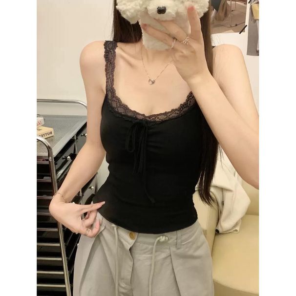 High-quality~Purely Desirable American-style Sweet And Spicy Lace Spliced Bow Strap Slim-fit With Fixed Chest Pads For A_ecoleips.com