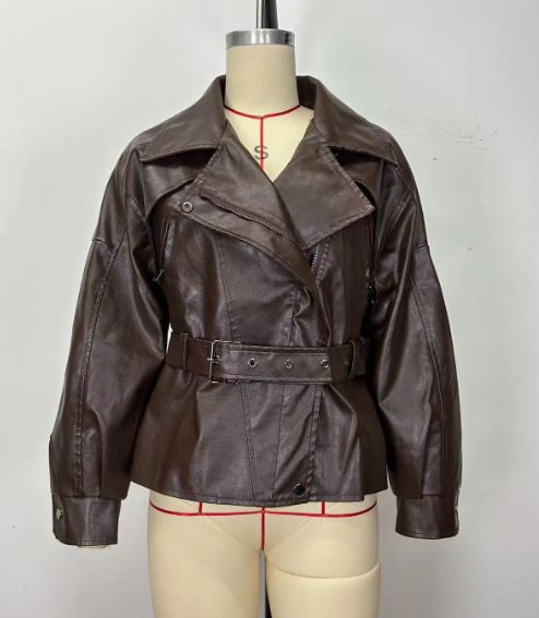 "Designer Cropped PU Leather Jacket For Women Retro Notch Lapel With Adjustable Belt, Wrinkle-Resistant Faux Leather Coat Street Style Essential_ecoleips.com