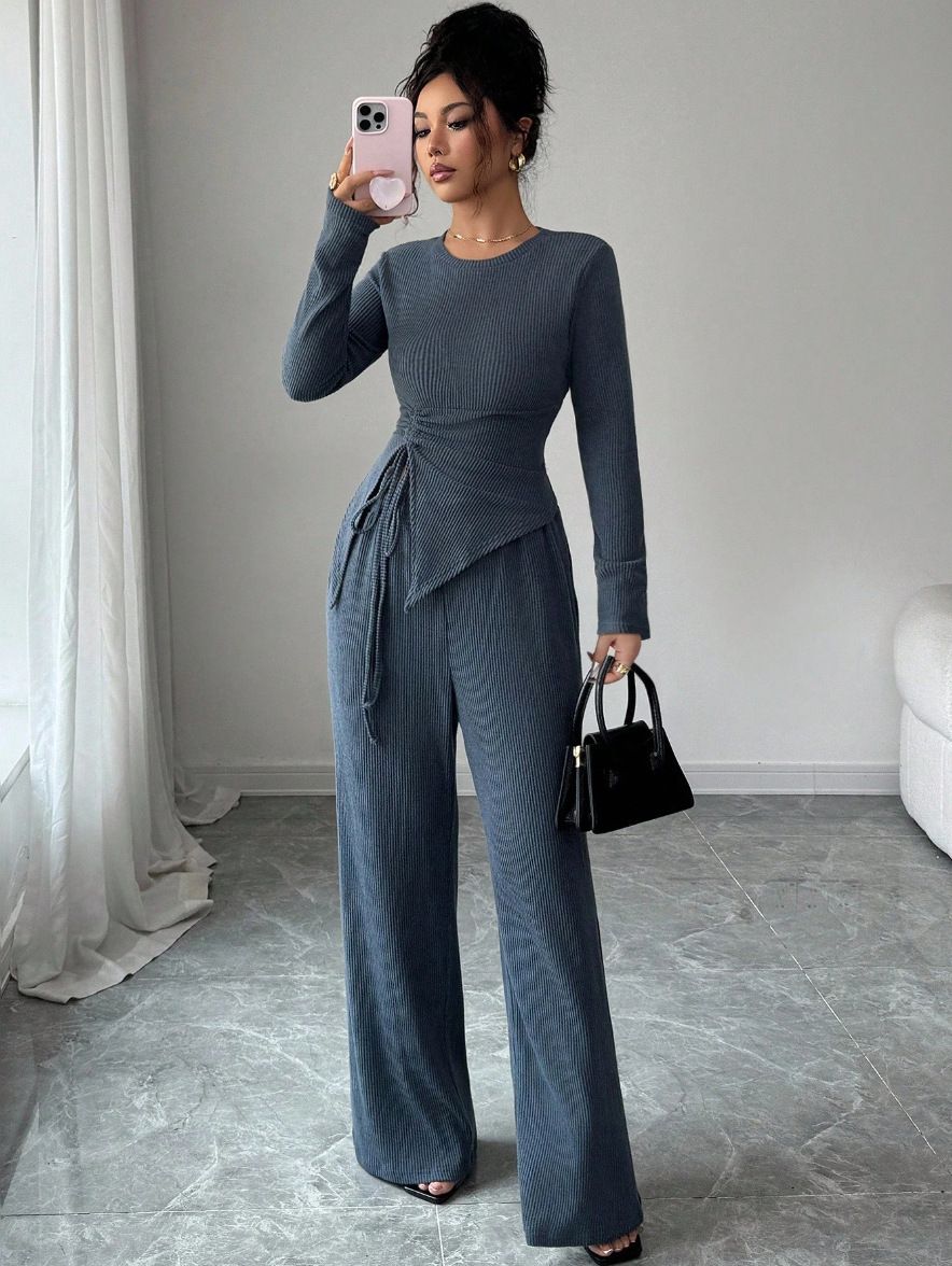 Elegant Women's Ribbed Two Piece Set With Drawstring Top And Wide Leg Pants Long Sleeved Autumn Winter Fashion Style_ecoleips.com