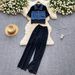 European And American Retro Distressed Set For Women Summer Denim Patchwork Short Sleeve T-Shirt + High Waist Slimming_ecoleips.com