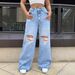 Women's High Waist Loose Fit Ripped Denim Jeans - Street Style Distressed Wide Leg Pants With Stretch Comfort_ecoleips.com