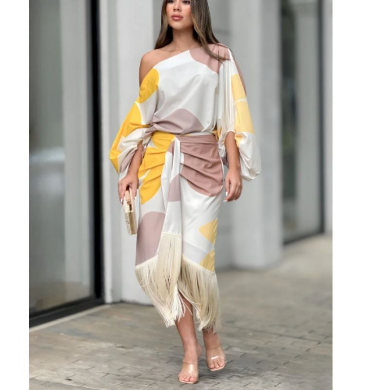 Women's Clothing Printed Lantern Sleeve Loose Top Tassel Hem Skirt Fashionable Casual Two-piece_ecoleips.com