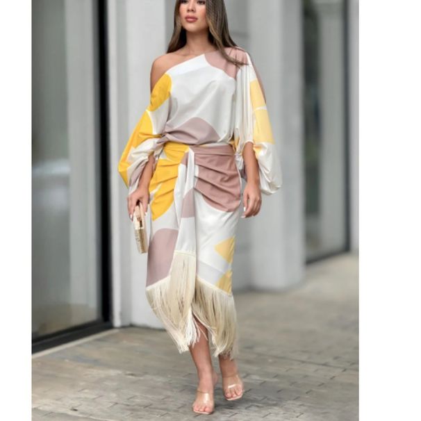 Women's Clothing Printed Lantern Sleeve Loose Top Tassel Hem Skirt Fashionable Casual Two-piece_ecoleips.com