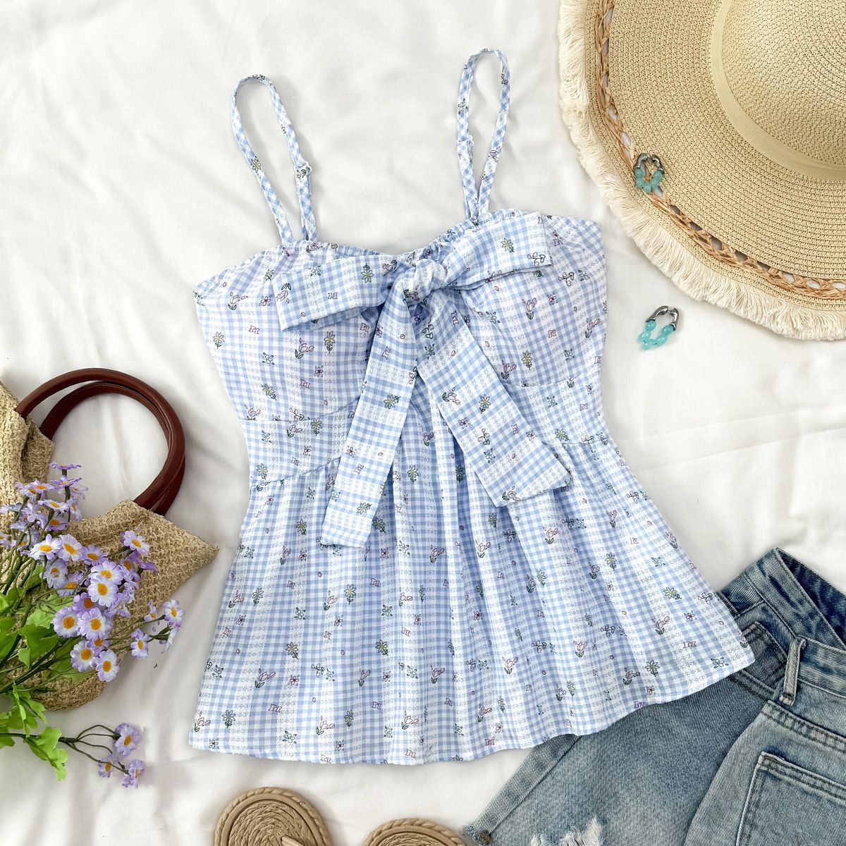 Women's Casual Check Front Bow Camisole Strapless Spring Summer Vacation Top_ecoleips.com
