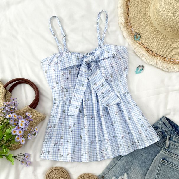 Women's Casual Check Front Bow Camisole Strapless Spring Summer Vacation Top_ecoleips.com