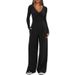 Solid-Color 2-Piece Casual Set: Knitted V-Neck Long-Sleeved Wide-Leg Pants For Sporty Outfits_ecoleips.com