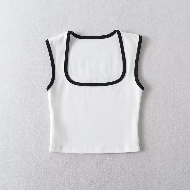 Women's French Style Stretchy Fitted Top Square Neckline Sleeveless Short Striped Color Block Vest New Spring_ecoleips.com