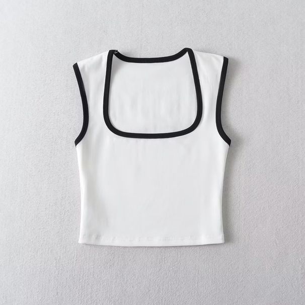 Women's French Style Stretchy Fitted Top Square Neckline Sleeveless Short Striped Color Block Vest New Spring_ecoleips.com