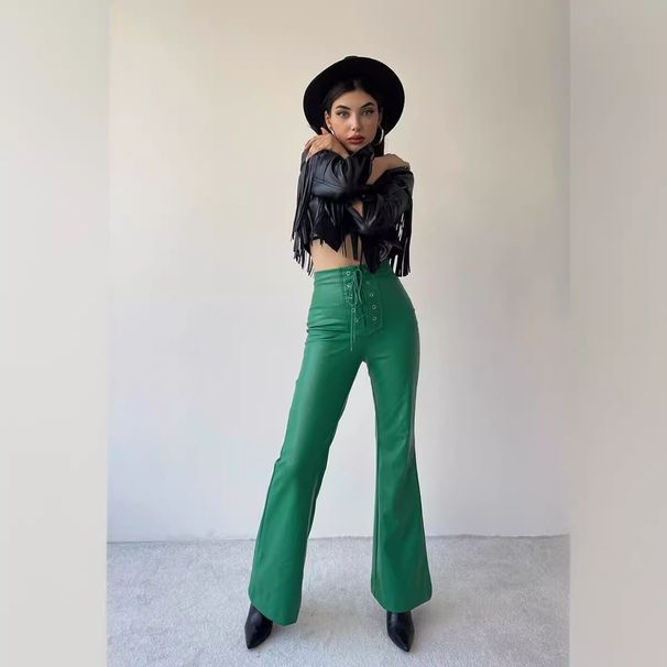 Aria Basics 2024 Autumn/Winter European And American Fashion Sexy High-Waisted Trousers, Flared Leather Pa, Women's_ecoleips.com