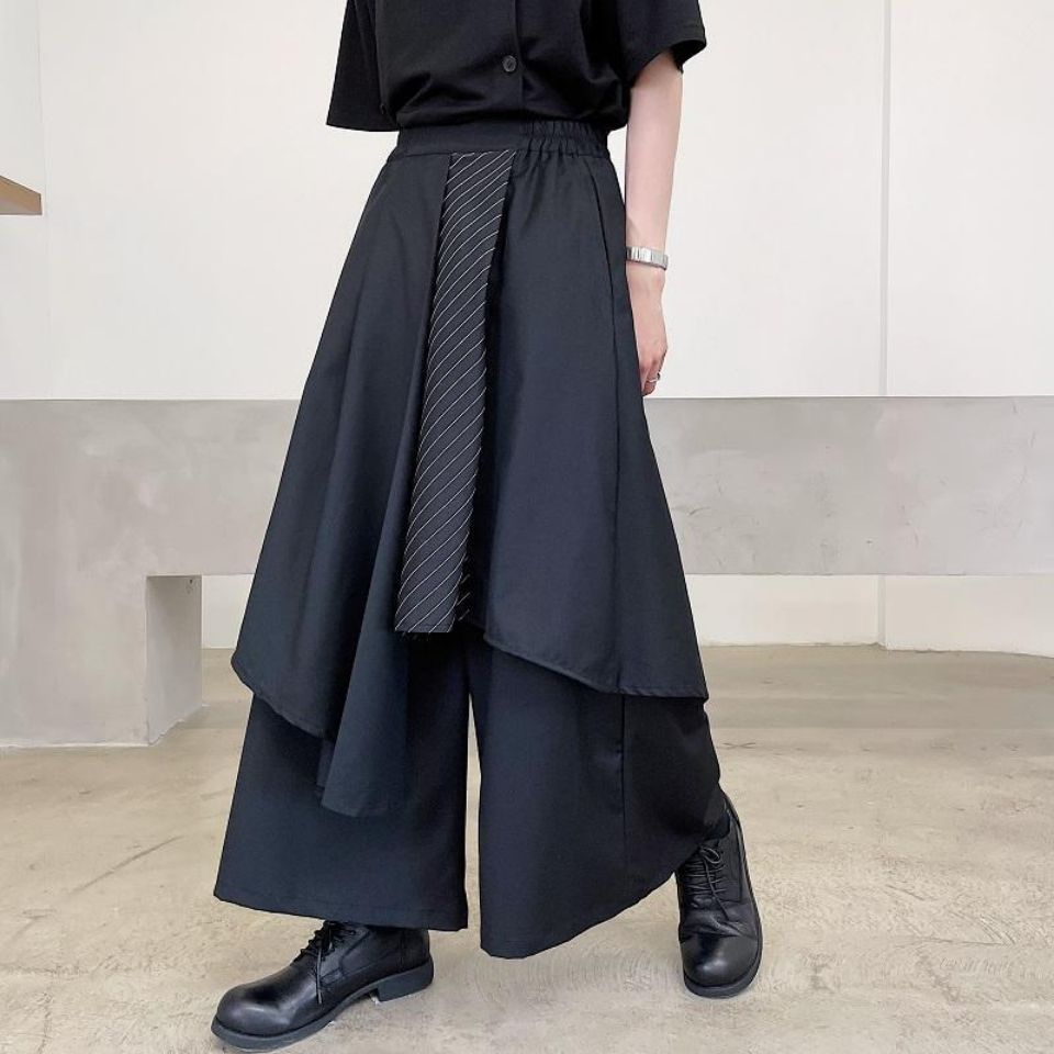 High-Waisted Asymmetrical Wide-Leg Pants Black Layered Stripe Design Unisex Darkwear Street Fashion M-4XL_ecoleips.com
