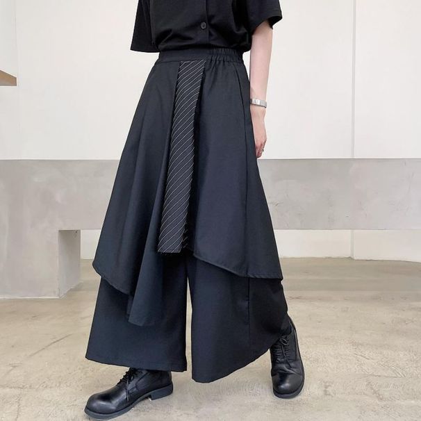High-Waisted Asymmetrical Wide-Leg Pants Black Layered Stripe Design Unisex Darkwear Street Fashion M-4XL_ecoleips.com