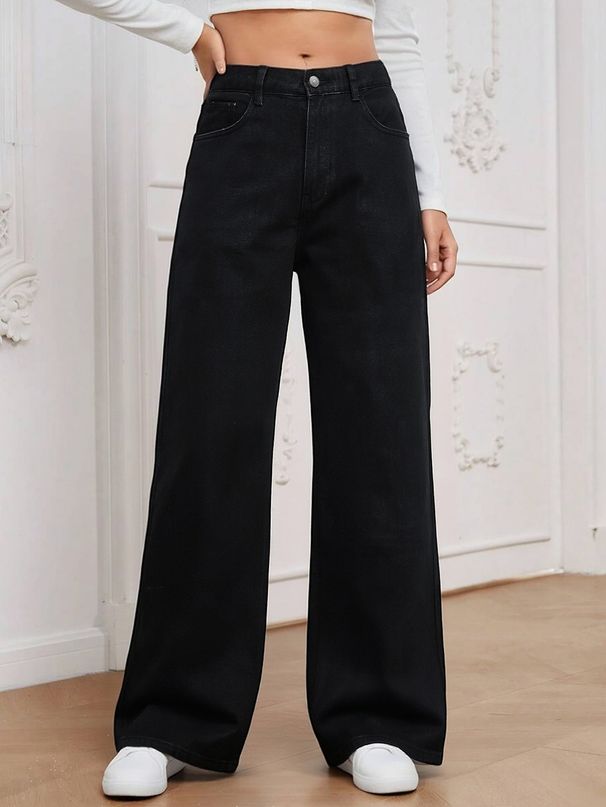 Women's High-Waisted Baggy Straight-Leg Jeans - 90s Vintage Washed Denim Pants, Non-Stretch Black Wide-Leg Trousers For Streetwear_ecoleips.com