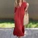 Women's Summer Dress V-Neck Three Quarter Sleeves Side Slit Pockets Pleated Chest Casual Thin Material European American Style_ecoleips.com