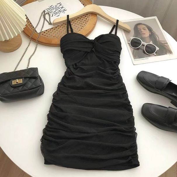 Women's Clothing Slightly Fat Mm Twisted Cross Pleated Dress With Chest Pads For Women In Summer New Sexy Hot Girl Hip Short Skirt_ecoleips.com