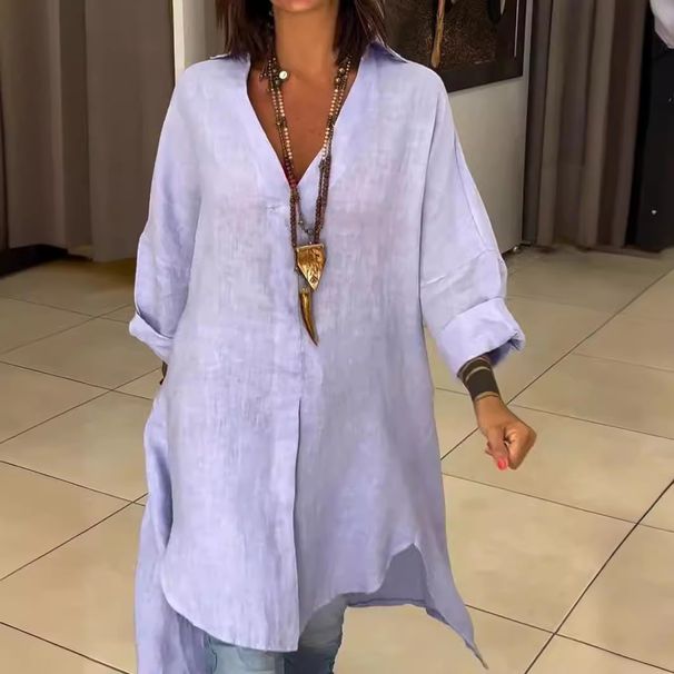 Women's Clothing Casual Cotton And Linen Split Loose Shirt Dress_ecoleips.com