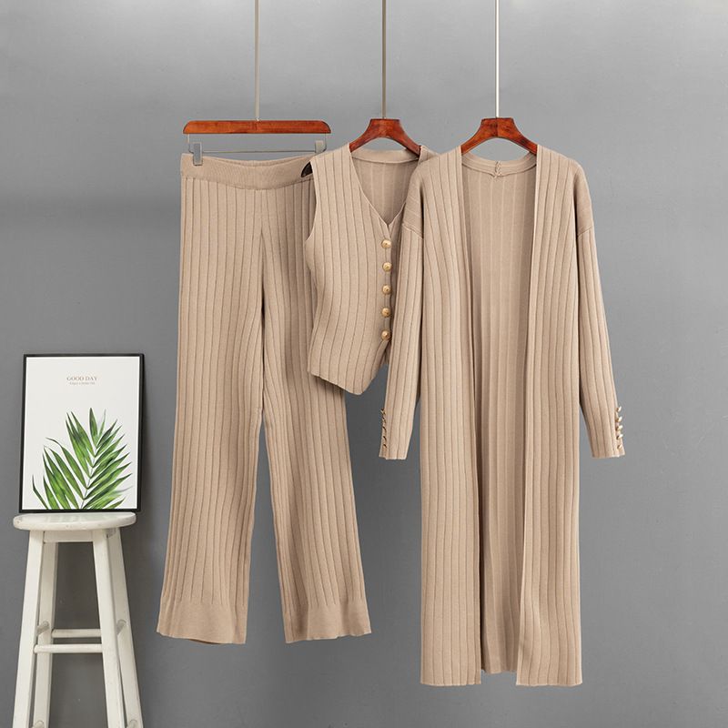 Women's Casual Three Piece Set Loose Fitting mid Length Knitted Cardigan Cardigan Vest Straight Leg Pants_ecoleips.com