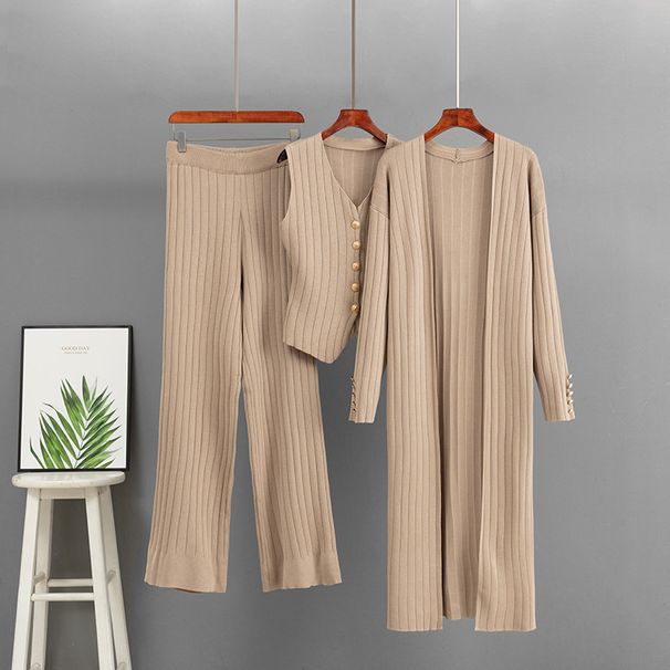 Women's Casual Three Piece Set Loose Fitting mid Length Knitted Cardigan Cardigan Vest Straight Leg Pants_ecoleips.com