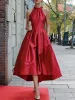 Freeacy Women's Elegant Evening Dress Halter-neck Sleeveless High Waist A-line Pleated Dress Summer Stylish Party Gowns_ecoleips.com