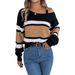 Contrasting Striped Lantern Sleeve Metal Buckle Off-Shoulder Pullover Sweater Women's Clothing_ecoleips.com
