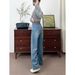 Women's Fleece-lined Wide-leg Jeans, Thickened Winter, Korean Style, High-waisted, Casual, Vintage Retro Blue, In Stock_ecoleips.com