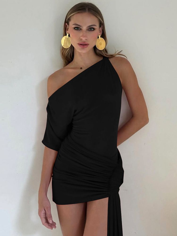 Mozision Oblique Shoulder Backless Irregular Sexy Mini Dress For Women Fashion Sleeveless Draped Ruched Club Dress Elegant_ecoleips.com