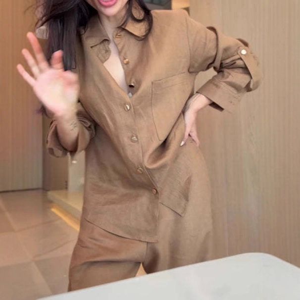 Women's Long Sleeved Shirt Wide Leg Trousers Set European American Style New_ecoleips.com