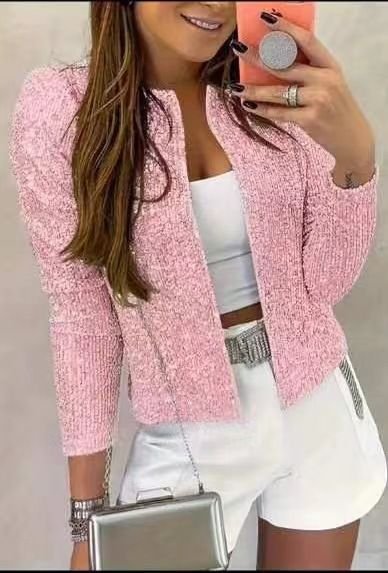Women's round neck long-sleeved solid color cardigan casual versatile sequined jacket_ecoleips.com