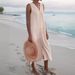 2025 Summer Export Solid Color Cotton Strap Style Elegant Commuter Trendy Long Loose Waist V-neck Pink Dress_ecoleips.com