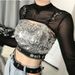 Mesh Perspective Long Sleeve Iron Ring Nine Point Top Solid Color Bottom O Neck Sexy Shawl_ecoleips.com