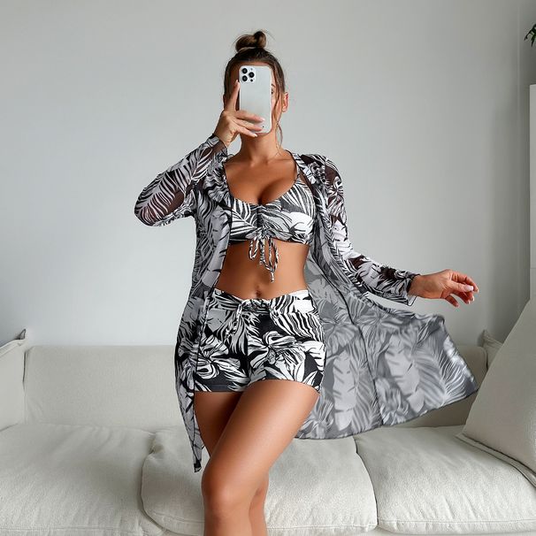 Women's High Waist Bikini Swimwear Set 3-Piece Adjustable Drawstring Floral Print Conservative Swimsuits_ecoleips.com