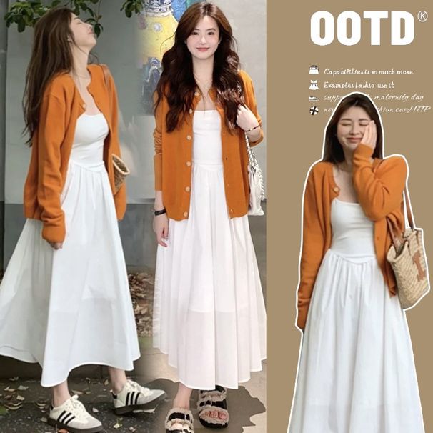 Autumn New Korean Fashion Mid-Length Maternity Dress + Knitted Cardigan Two-Piece Set For Pregnant Women_ecoleips.com