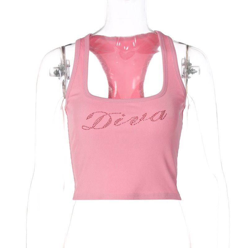 European American Style Women's Sleeveless Vest U-Neck Rhinestone Letter Print Casual Fashion Sexy Top for Spring 2024_ecoleips.com