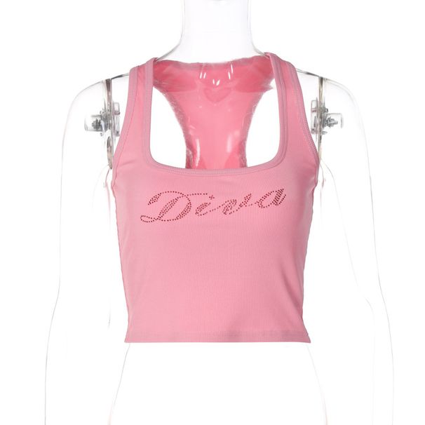 European American Style Women's Sleeveless Vest U-Neck Rhinestone Letter Print Casual Fashion Sexy Top for Spring 2024_ecoleips.com