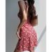 French Vintage Style V-neck Red Floral Print Camisole Slim-fit, Waist-cinching, Tie-waist Short Dress, Vacation Dress_ecoleips.com