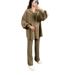 Women's Two Piece Set Puff Sleeved Loose Tie Waist Shirt Straight Leg Casual Pants Fashion_ecoleips.com