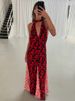 Absobe Women's Floral Maxi Dress Halter Tie Deep V Polka Dot Sexy Backless Patchwork Contrast Slim A-Line Long Dress Partywear_ecoleips.com