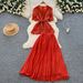 Women's Clothing Elegant Retro Waist Beaded Round Neck Hollow Hook Lace Top + High Waist Pleated Skirt_ecoleips.com