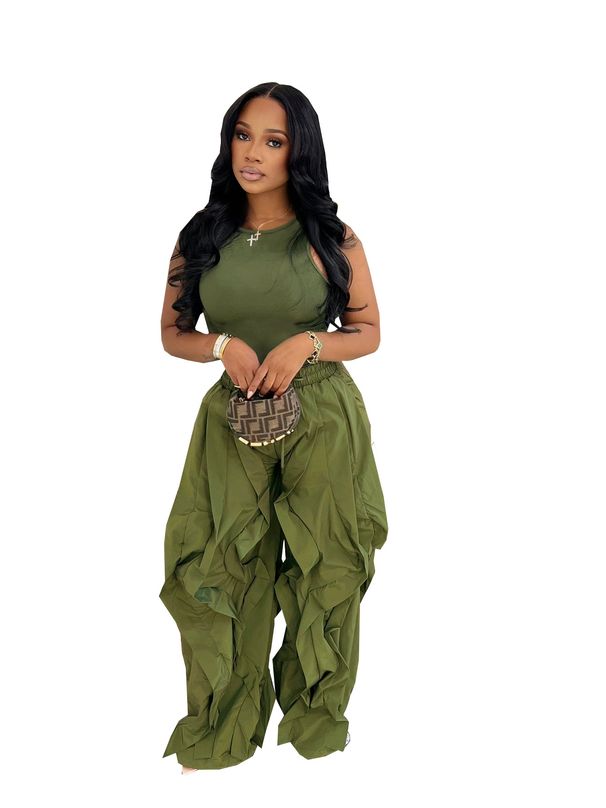 European And American Women's Sleeveless Set TW838 Sexy Two Piece with Wide Leg Patchwork Lace Pants Summer Fashionable_ecoleips.com