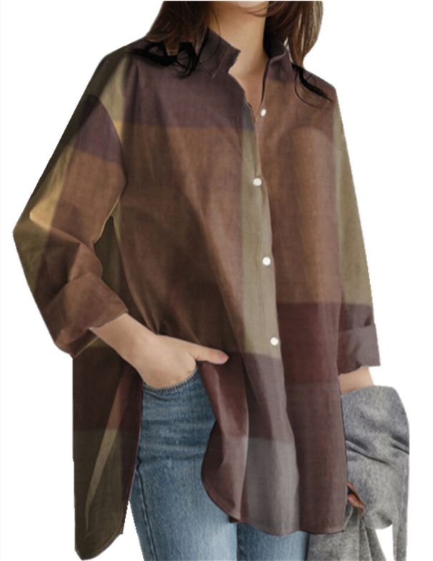 Women’s Clothing fashion women's loose casual patchwork long sleeved plaid irregular shirt autumn and winter_ecoleips.com