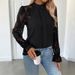 Elegant Mock Neck Lace Blouse – Versatile Long Sleeve Top With Flared Cuffs (S-XL, Black/Army Green/Charcoal, Office-to-Evening Essential)_ecoleips.com