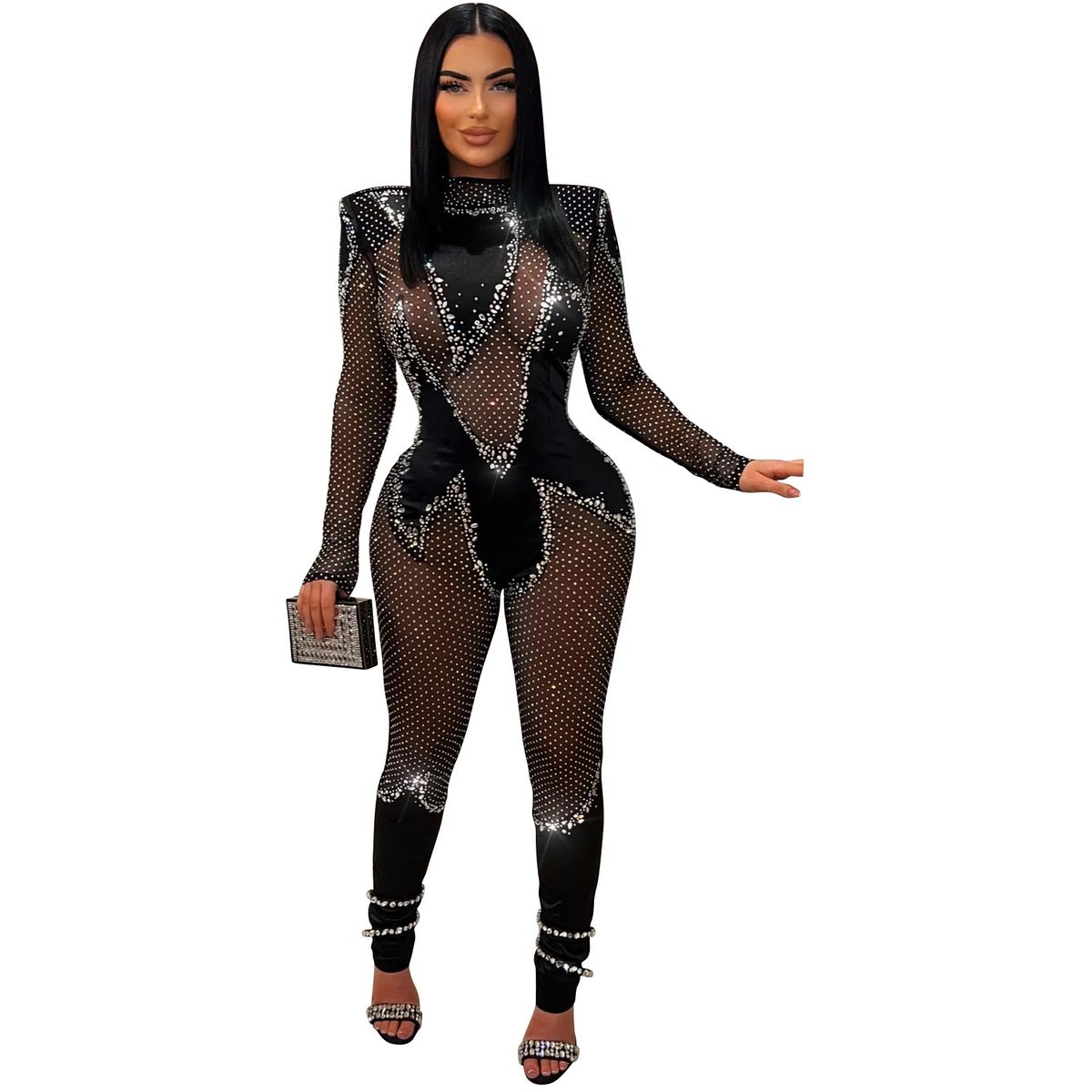 Women's Clothing Fashion Solid Color Mesh Hot Diamond Long Sleeved Trousers Jumpsuit_ecoleips.com